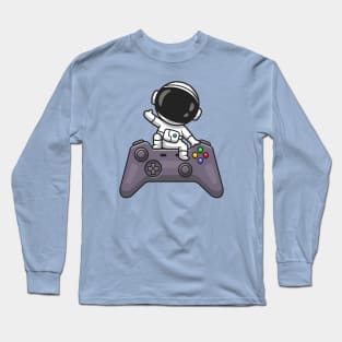 Cute Astronaut Waving Hand On Controller Cartoon Long Sleeve T-Shirt